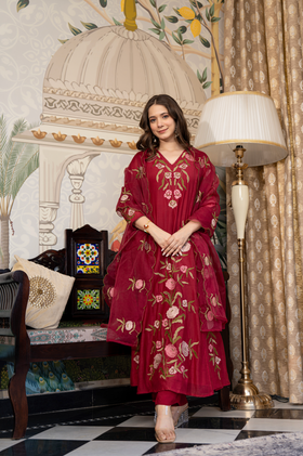 Blushed Burgundy Mul Chanderi Suit Set