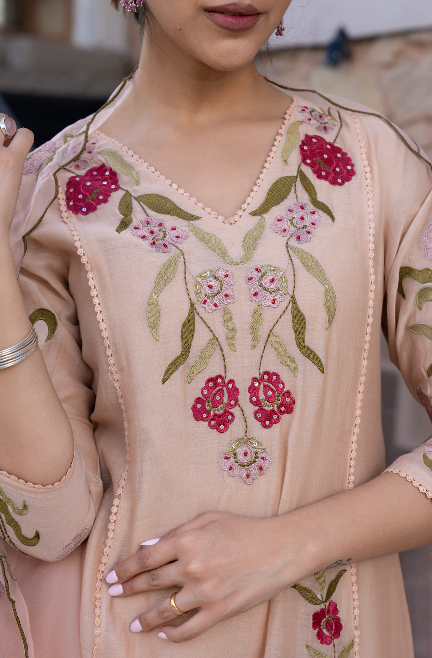 Nude Blossom Mul Chanderi Suit Set