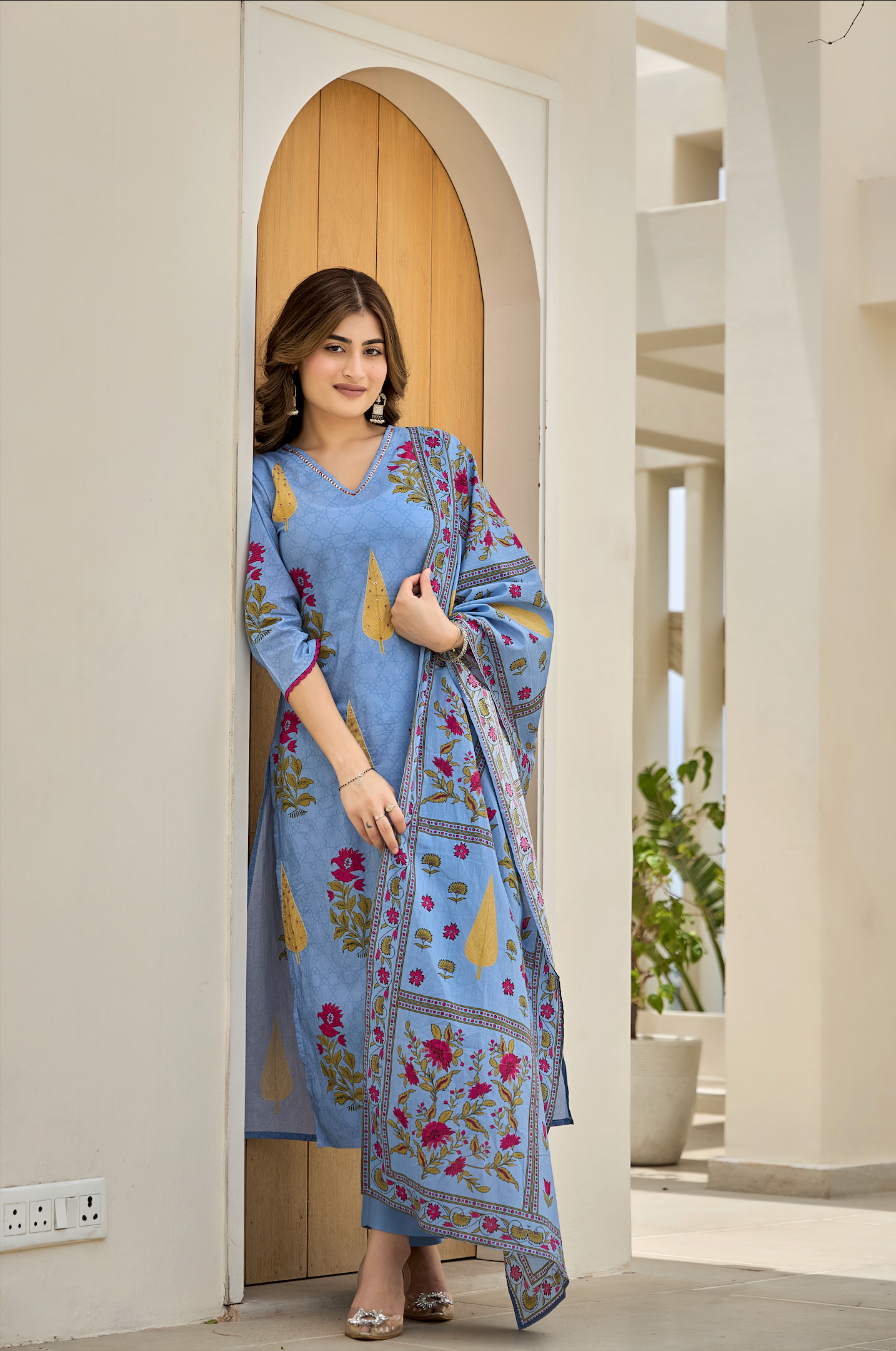 Ink Blue Leaf Cotton Suit Set