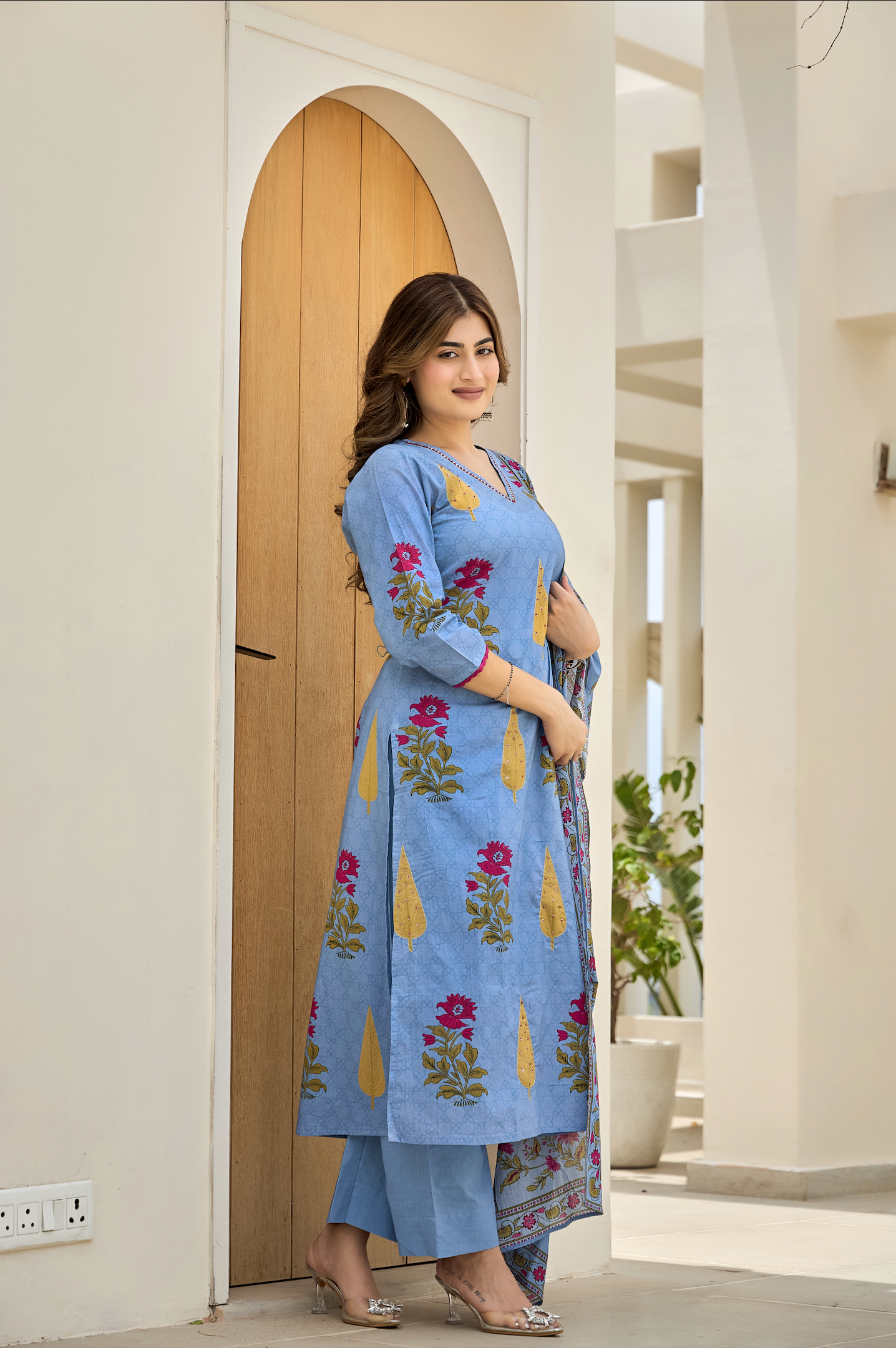 Ink Blue Leaf Cotton Suit Set