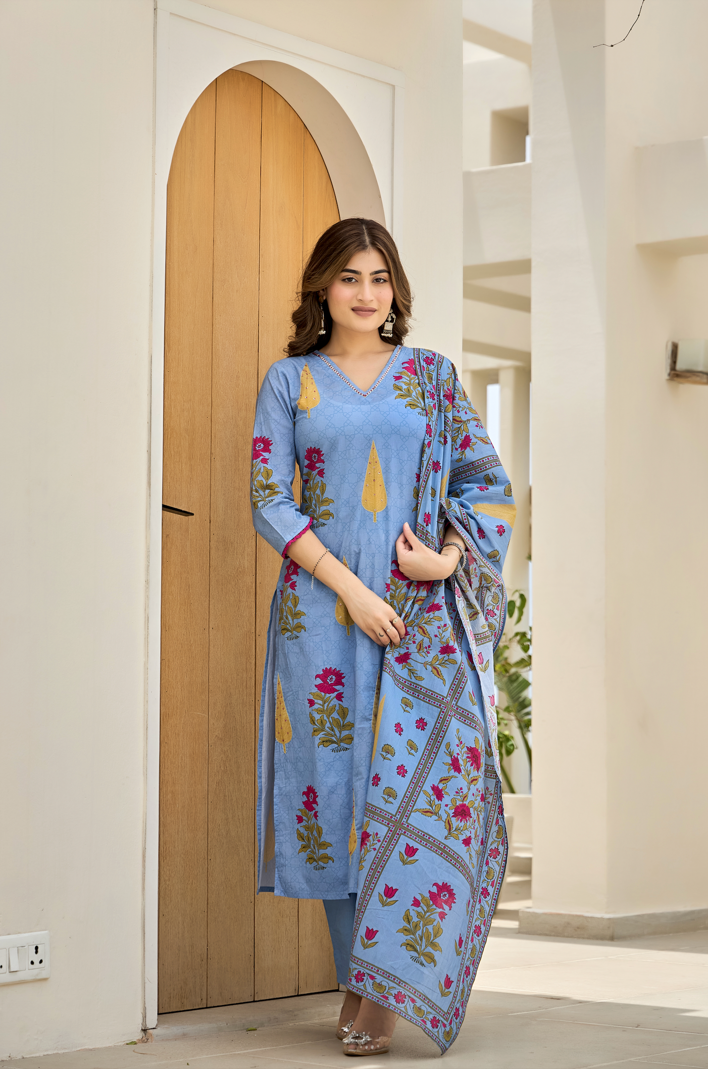 Ink Blue Leaf Cotton Suit Set