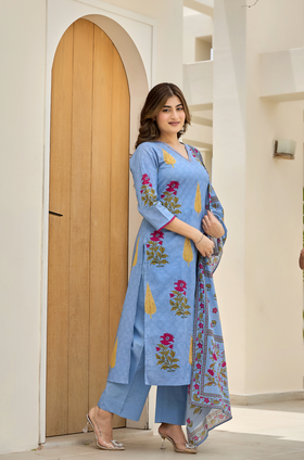 Ink Blue Leaf Cotton Suit Set