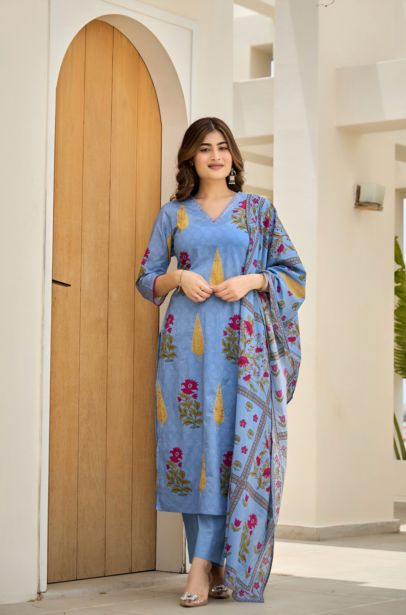Ink Blue Leaf Cotton Suit Set