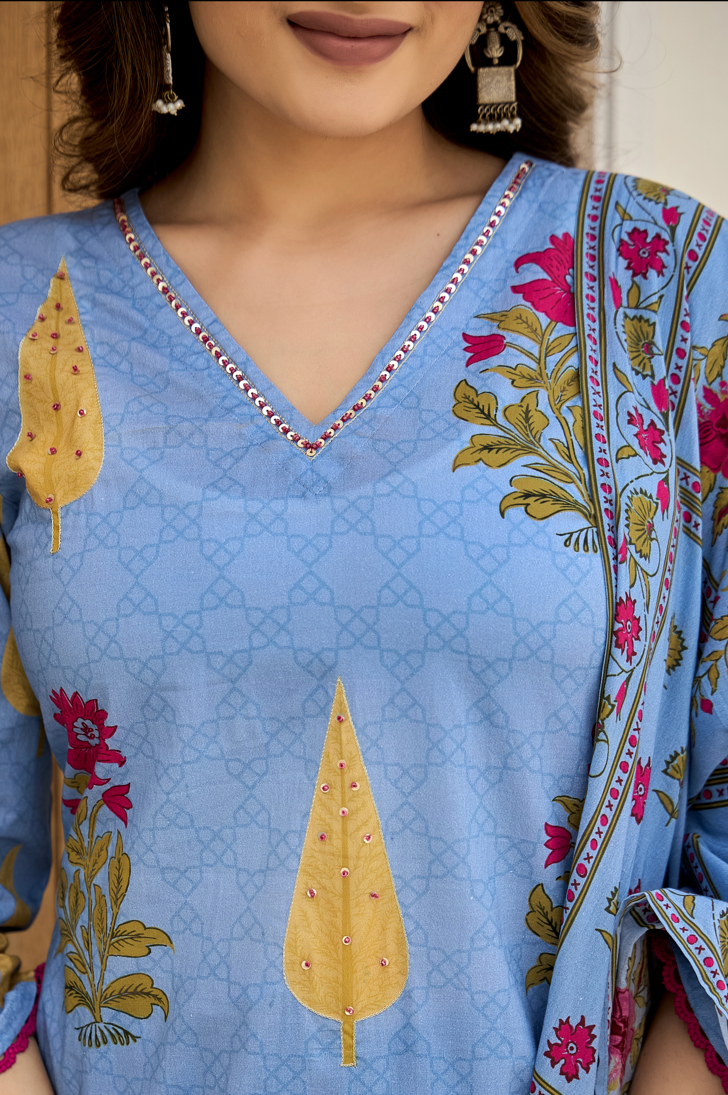 Ink Blue Leaf Cotton Suit Set