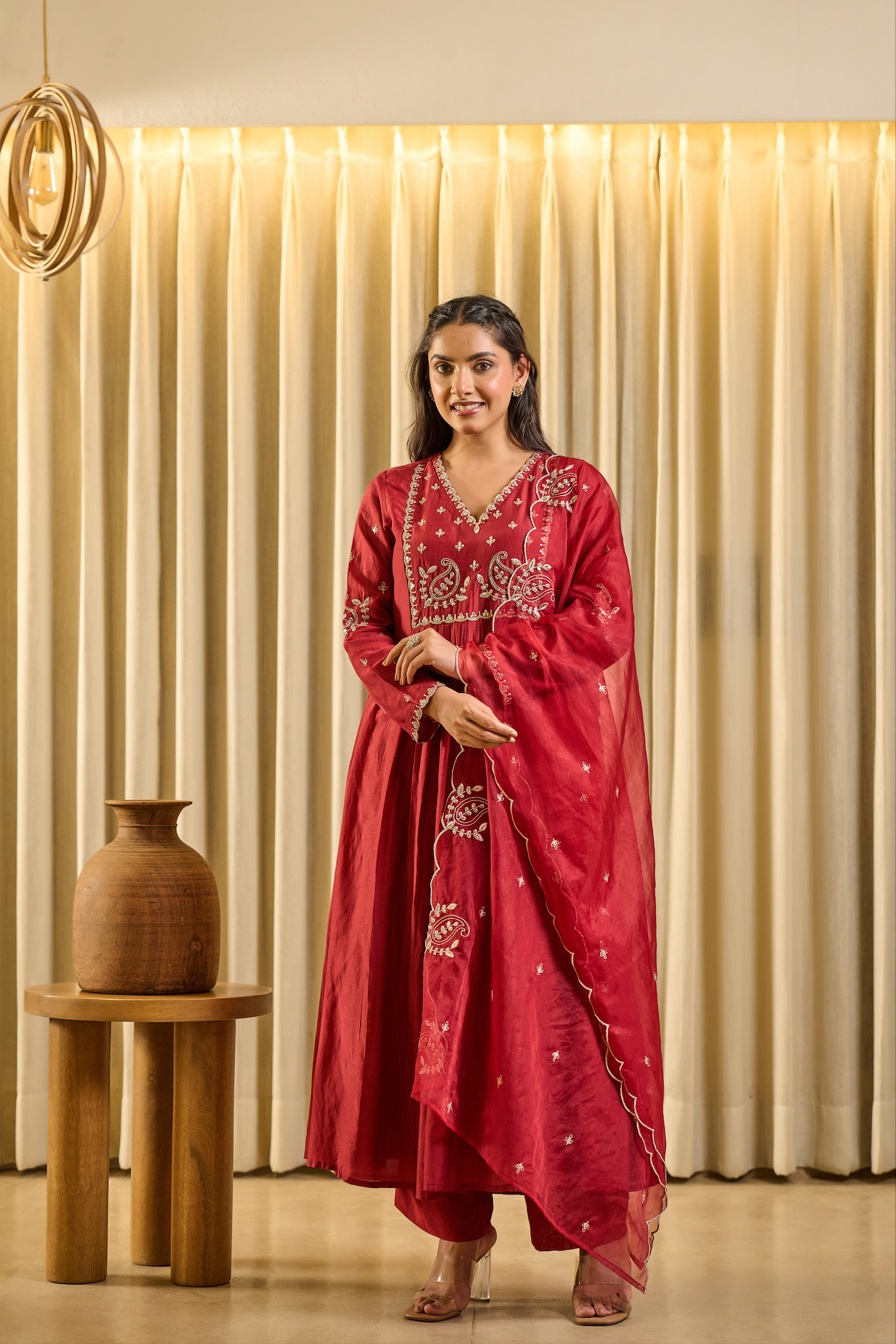Crimson Bloom Embroidered Suit Set