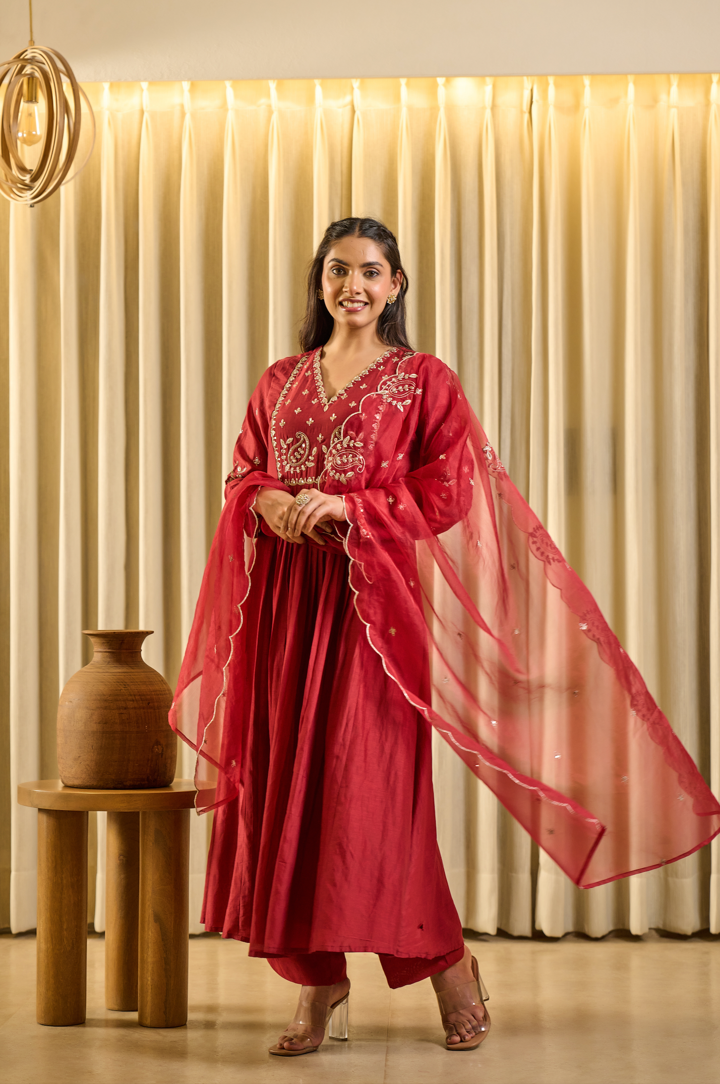 Crimson Bloom Embroidered Suit Set