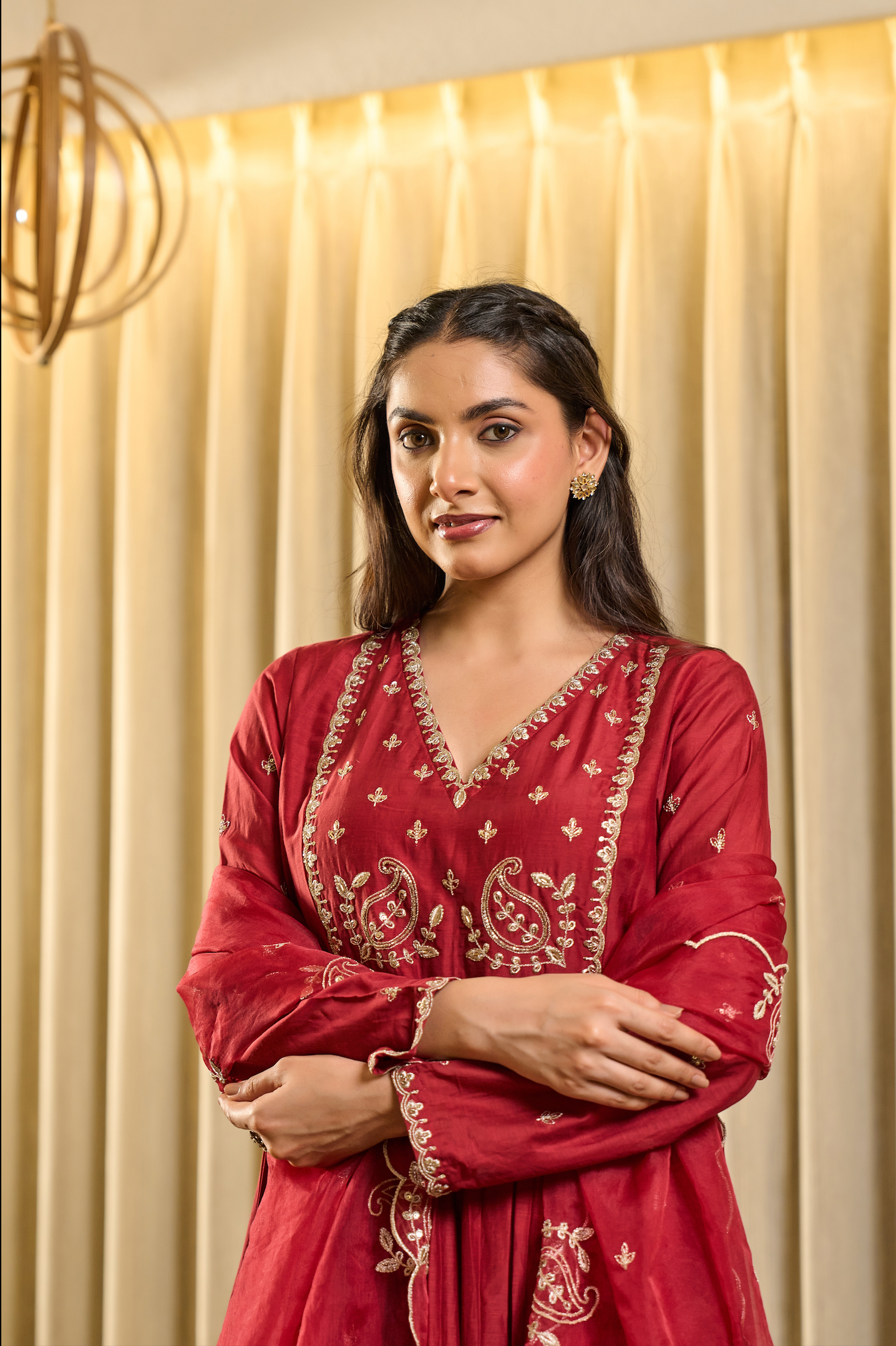 Crimson Bloom Embroidered Suit Set