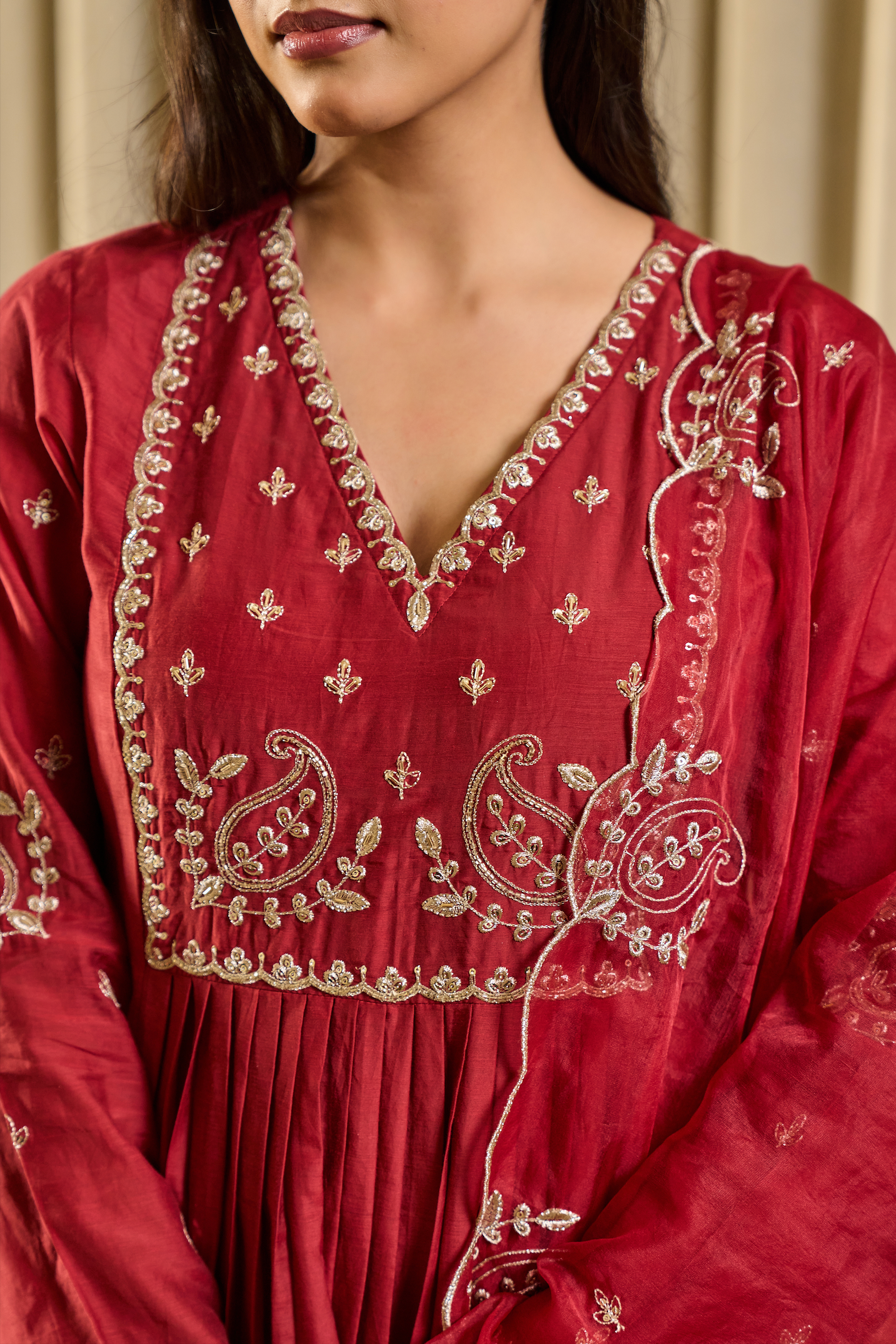 Crimson Bloom Embroidered Suit Set