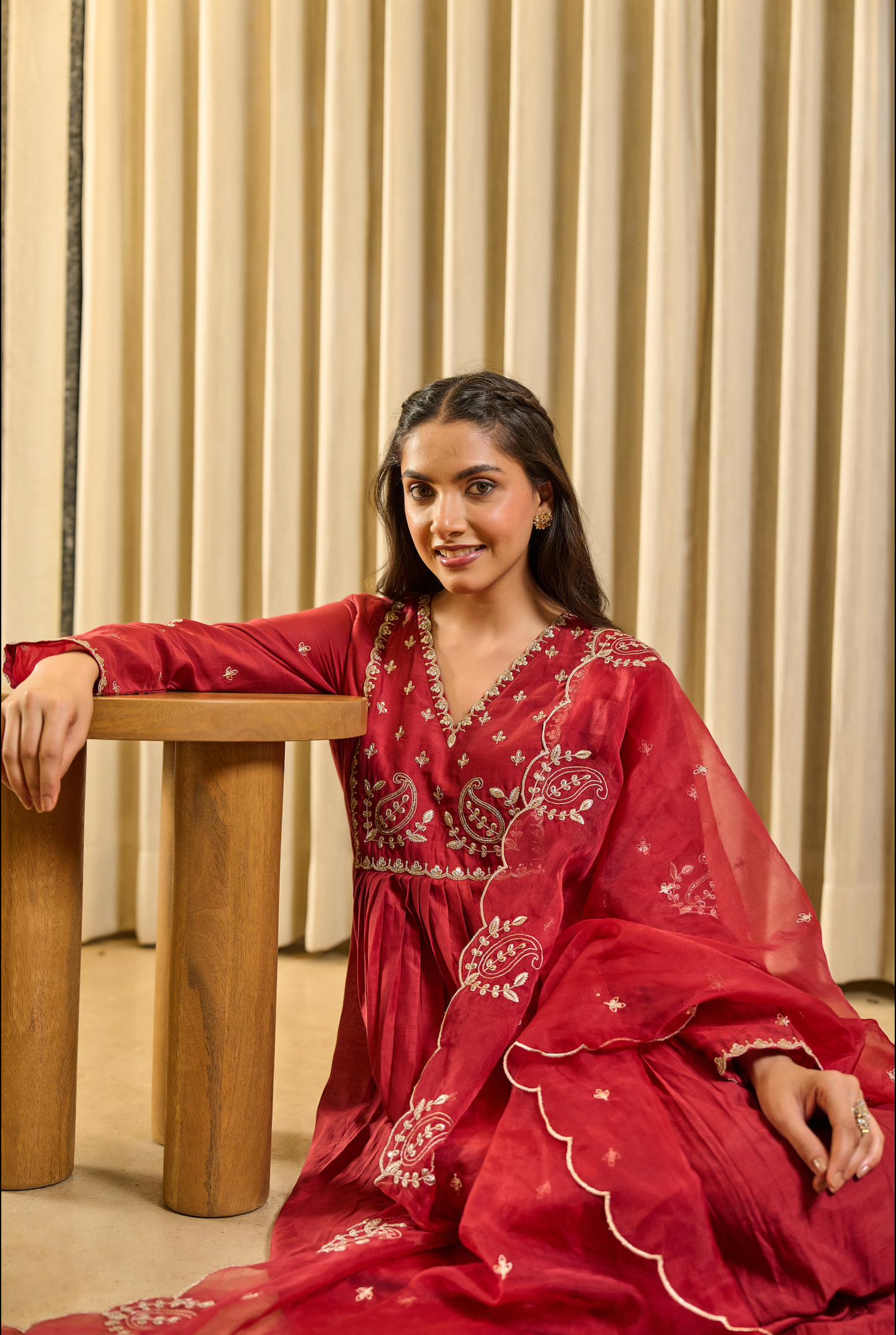 Crimson Bloom Embroidered Suit Set