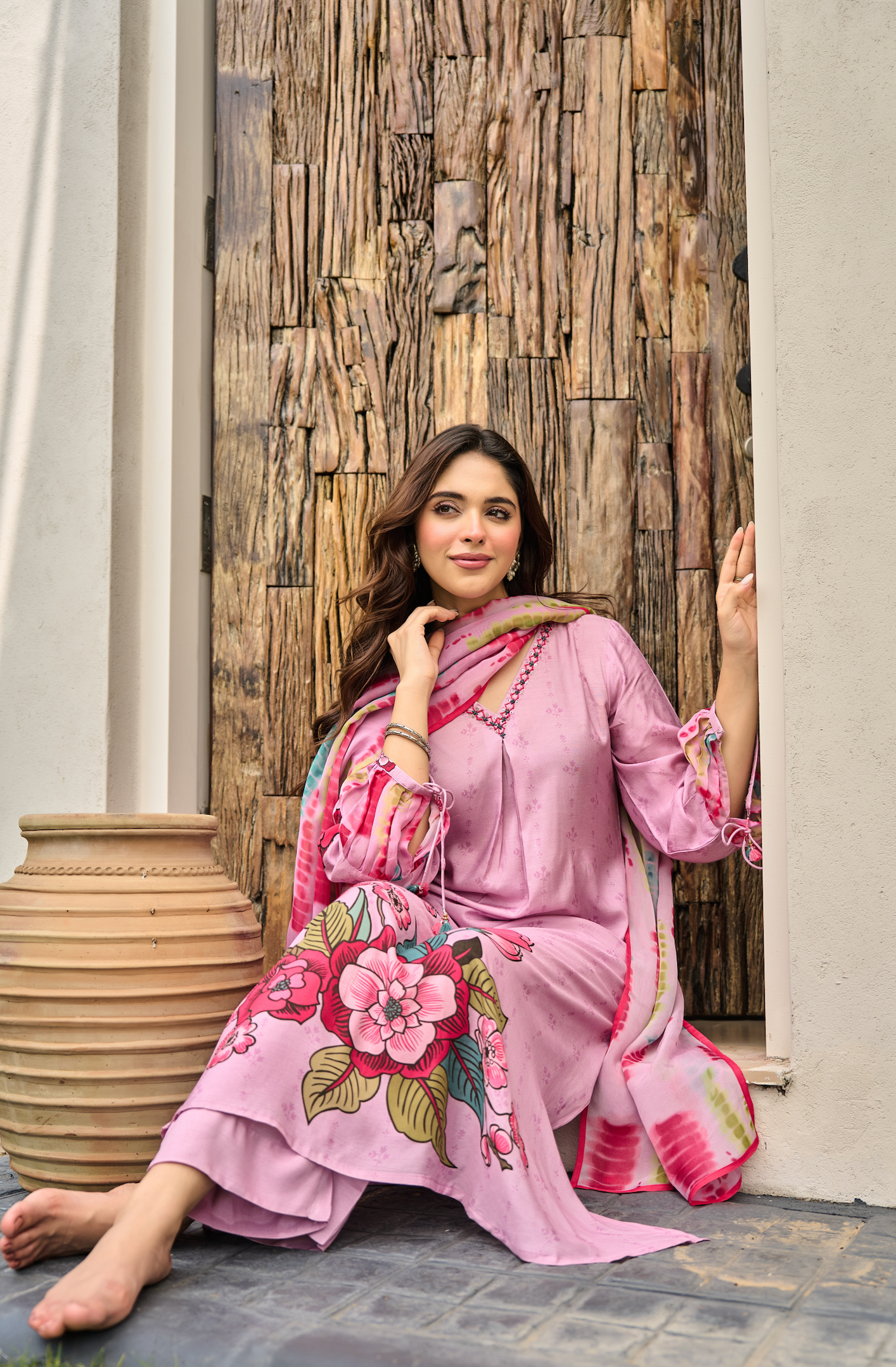 Rose Bloom Muslin A-Line Suit Set