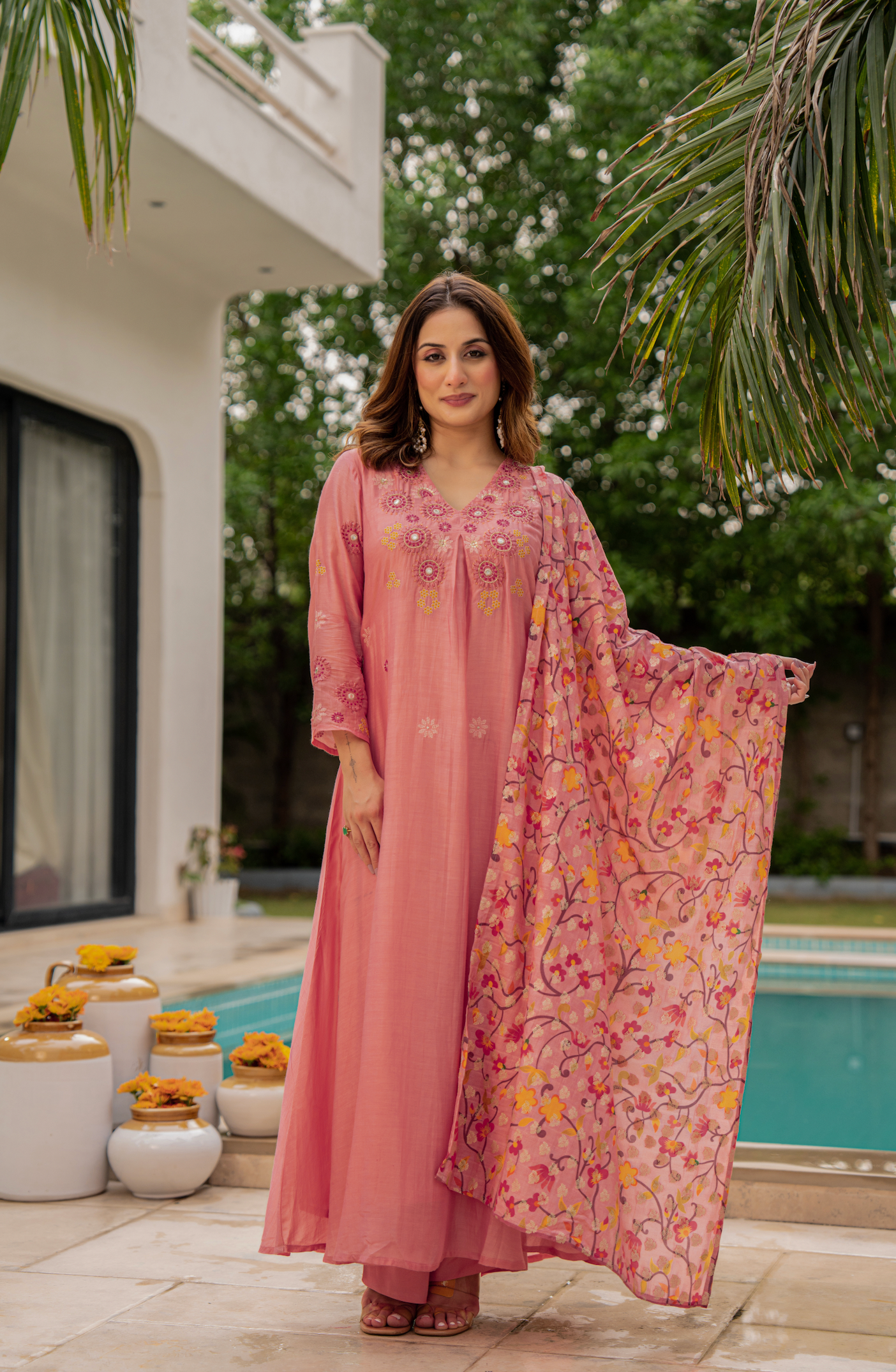 Coral Bloom Sunsilk A-Line Suit Set