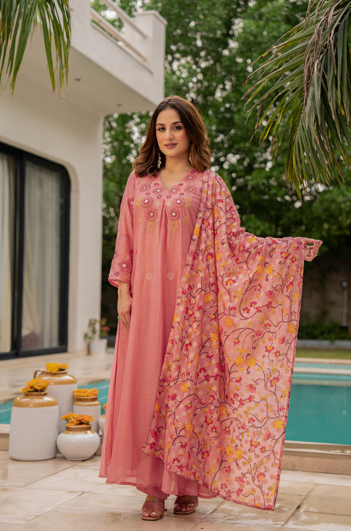 Coral Bloom Sunsilk A-Line Suit Set