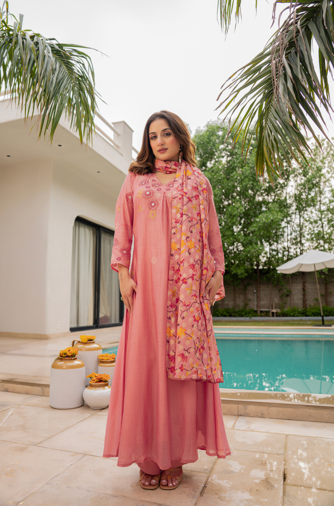 Coral Bloom Sunsilk A-Line Suit Set