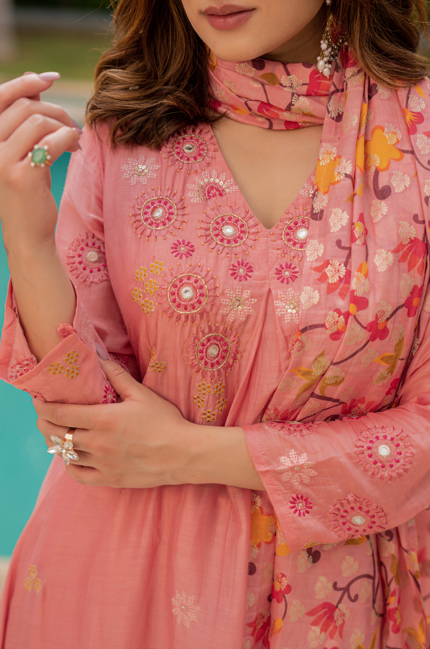 Coral Bloom Sunsilk A-Line Suit Set