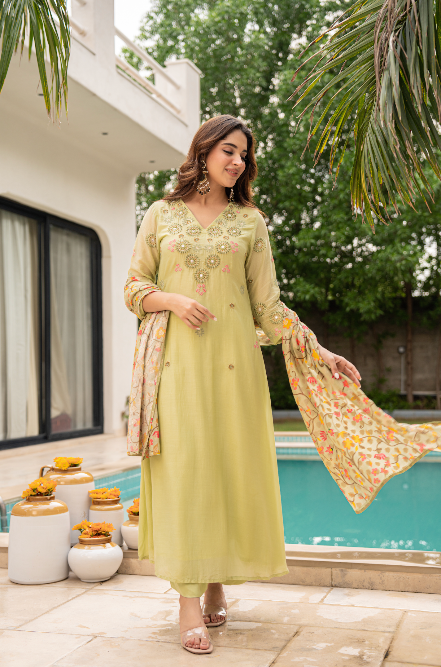 Lime Aura Sunsilk Embroidered Suit Set