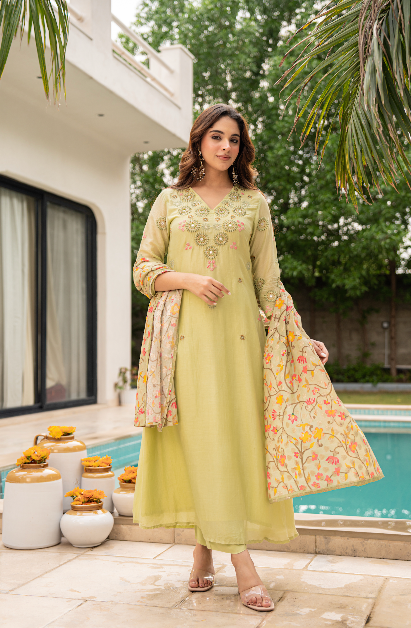 Lime Aura Sunsilk Embroidered Suit Set
