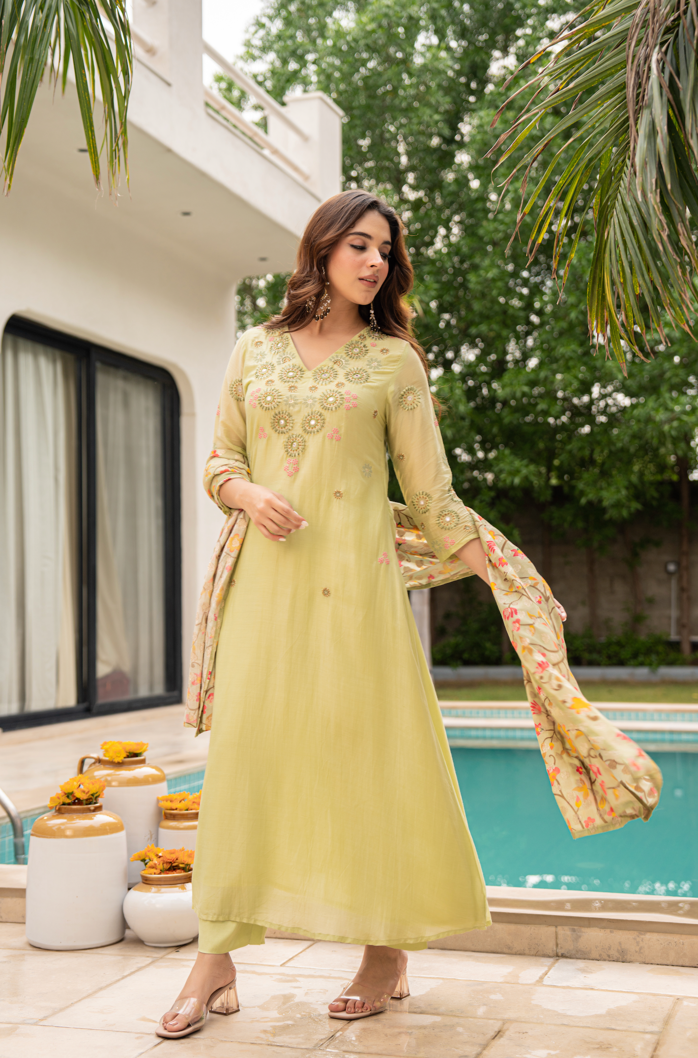 Lime Aura Sunsilk Embroidered Suit Set