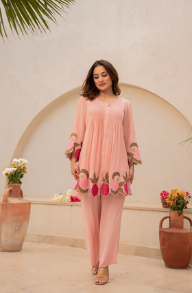 Peach Bloom – Mul Chanderi Set