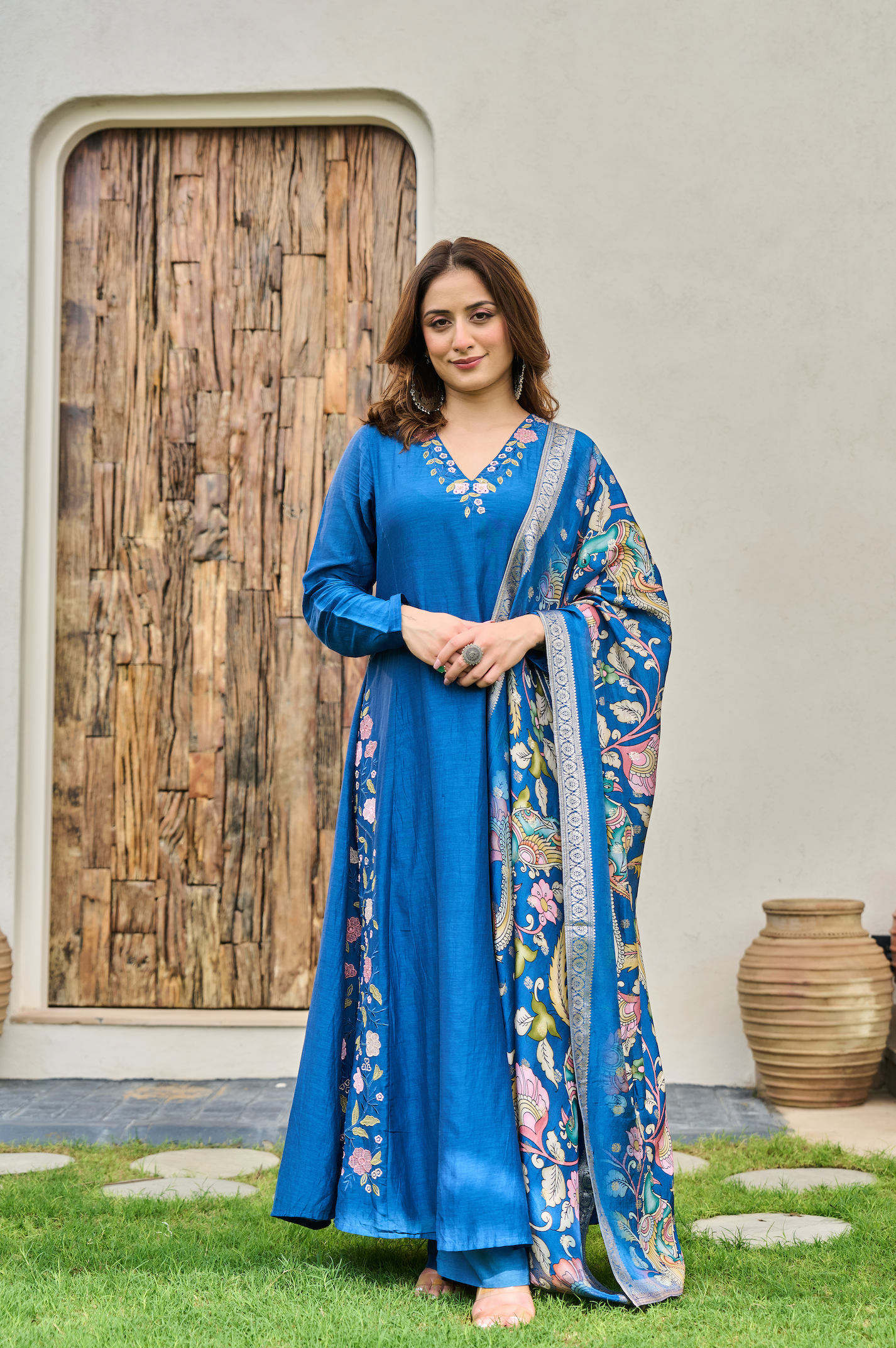 Indigo Blue Mul Chanderi Suit Set