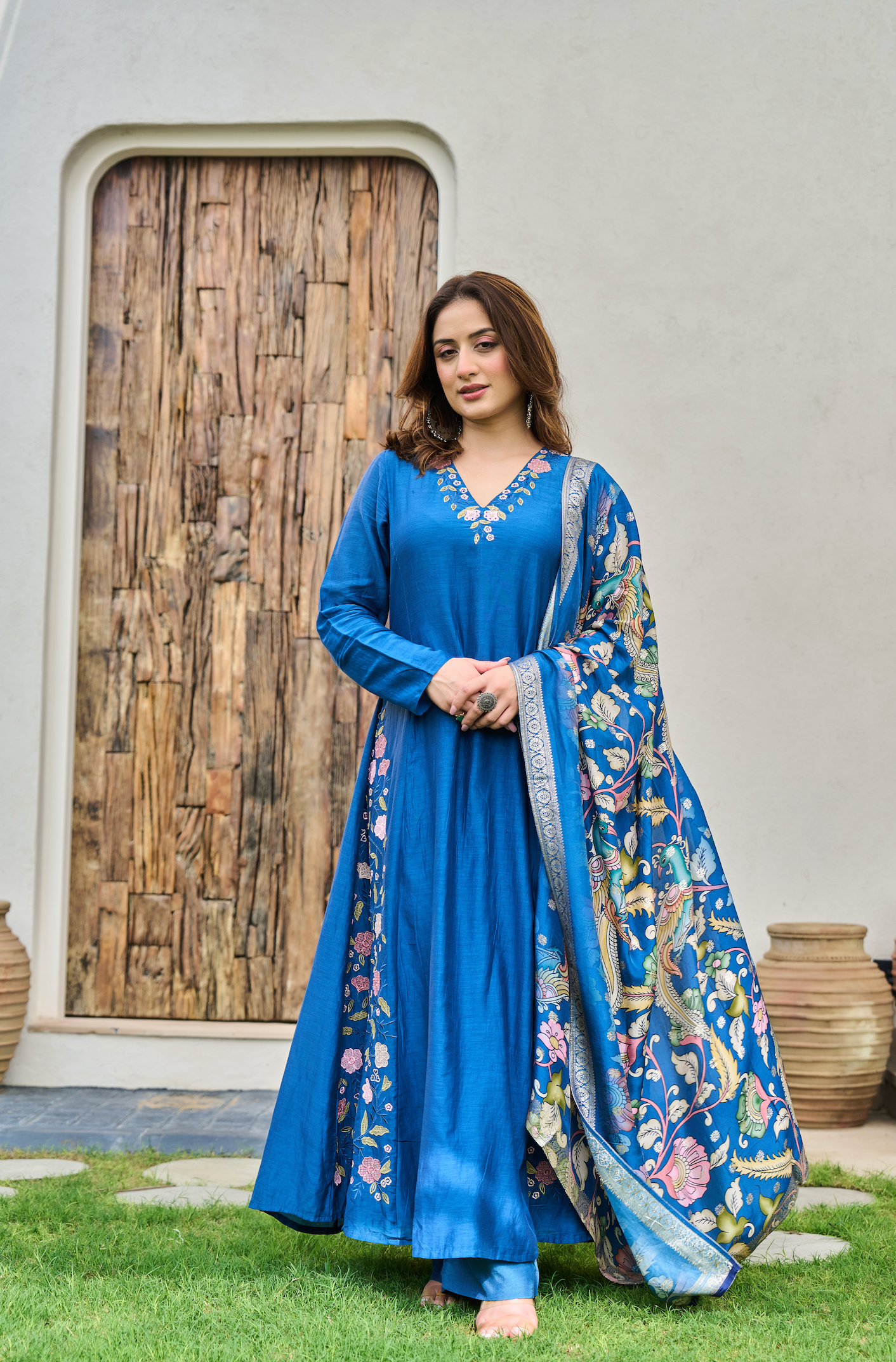 Indigo Blue Mul Chanderi Suit Set