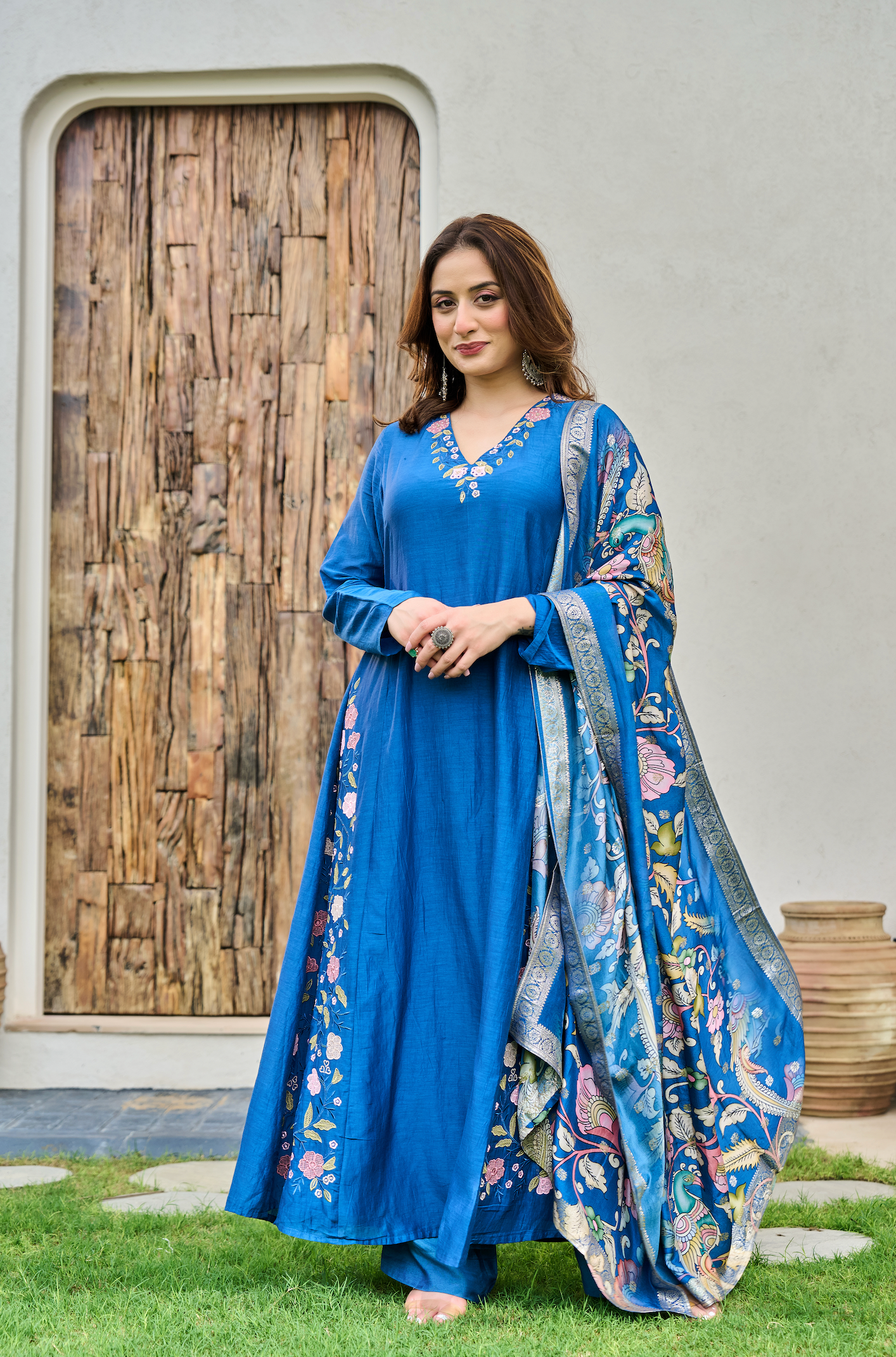 Indigo Blue Mul Chanderi Suit Set