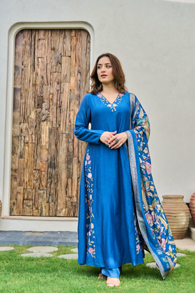 Indigo Blue Mul Chanderi Suit Set