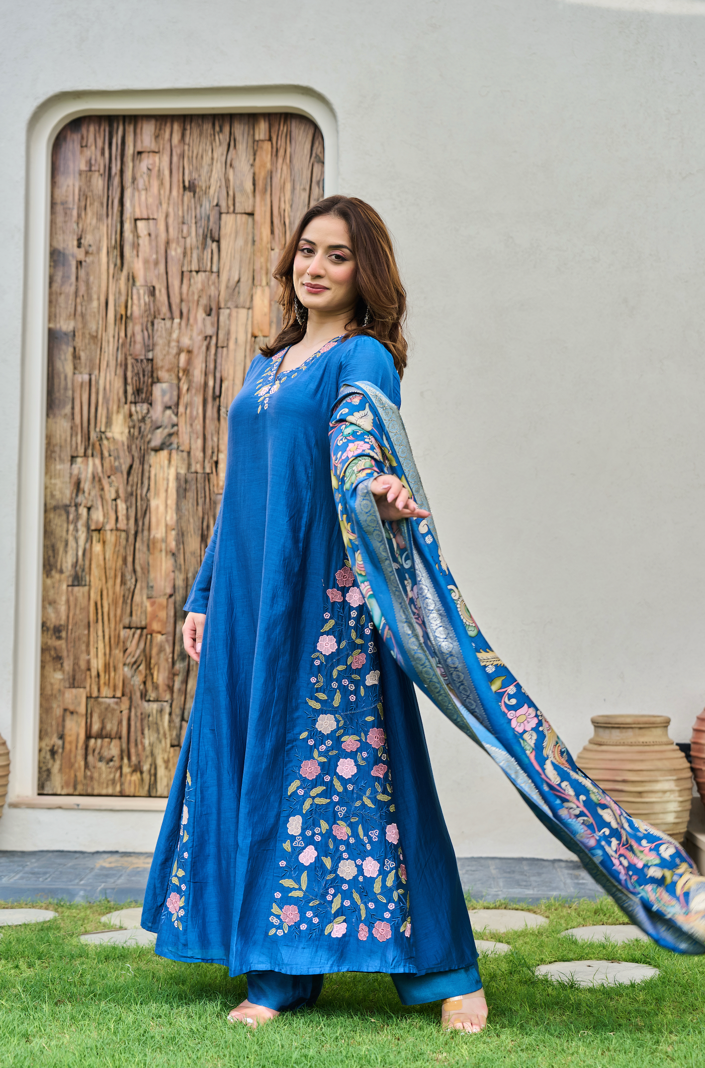 Indigo Blue Mul Chanderi Suit Set