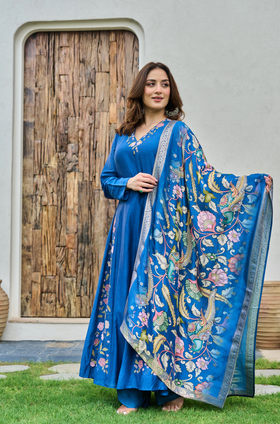Indigo Blue Mul Chanderi Suit Set