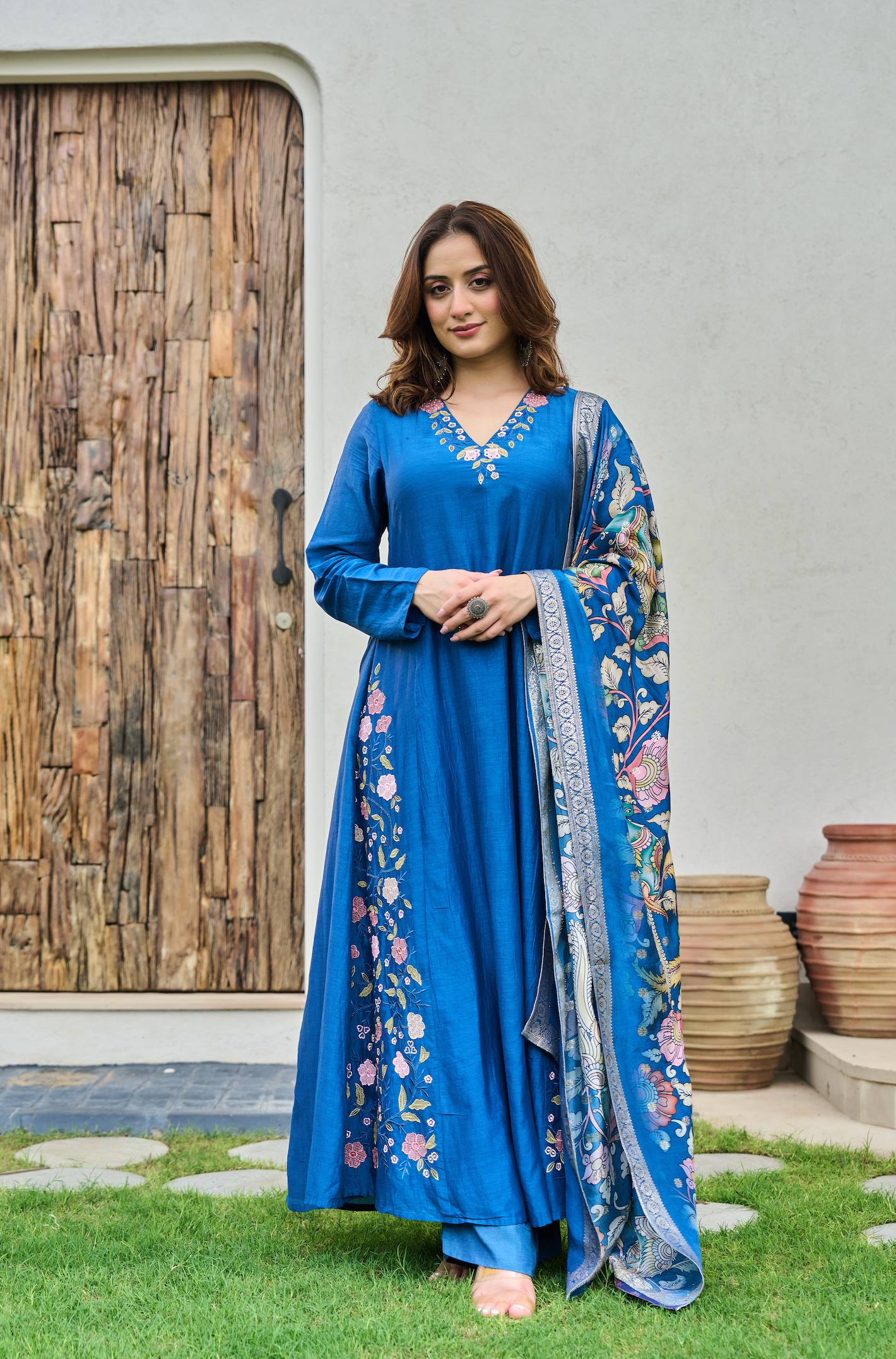 Indigo Blue Mul Chanderi Suit Set