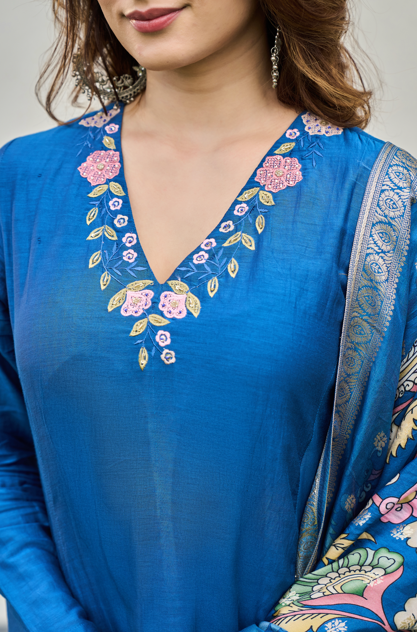 Indigo Blue Mul Chanderi Suit Set