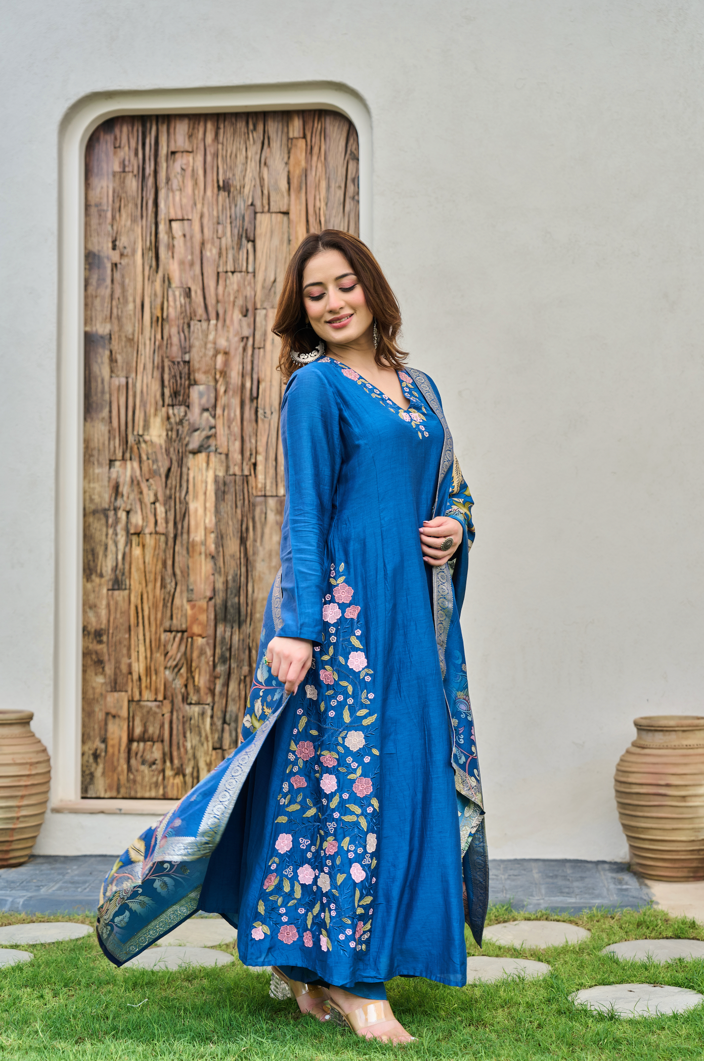 Indigo Blue Mul Chanderi Suit Set