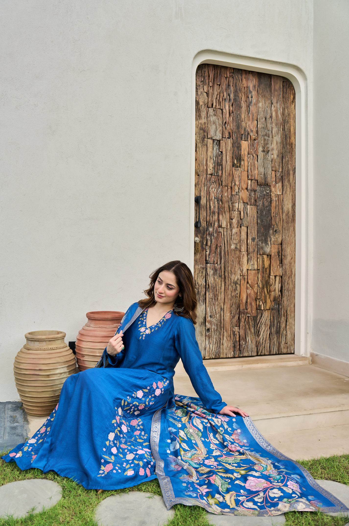 Indigo Blue Mul Chanderi Suit Set