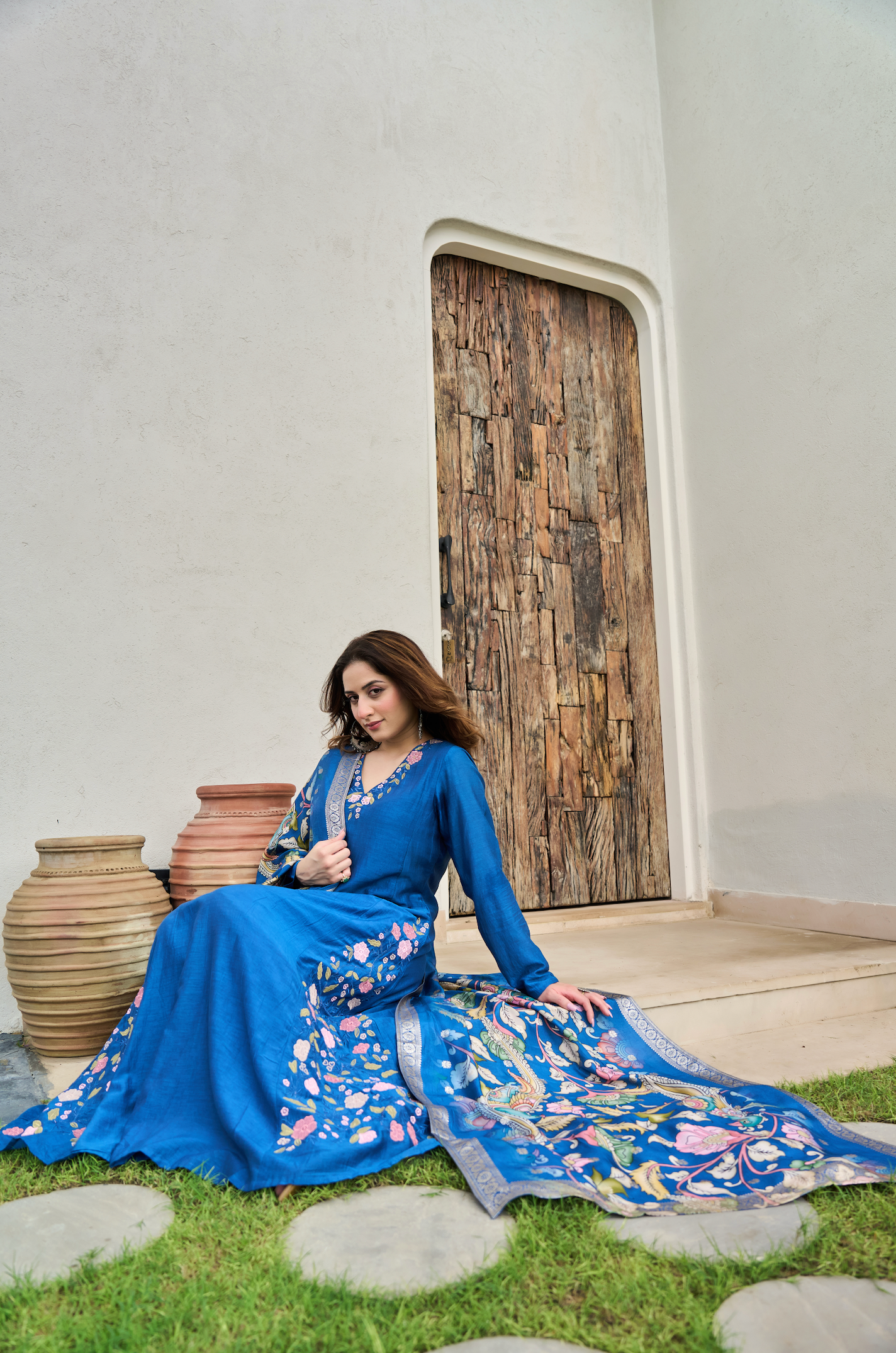 Indigo Blue Mul Chanderi Suit Set