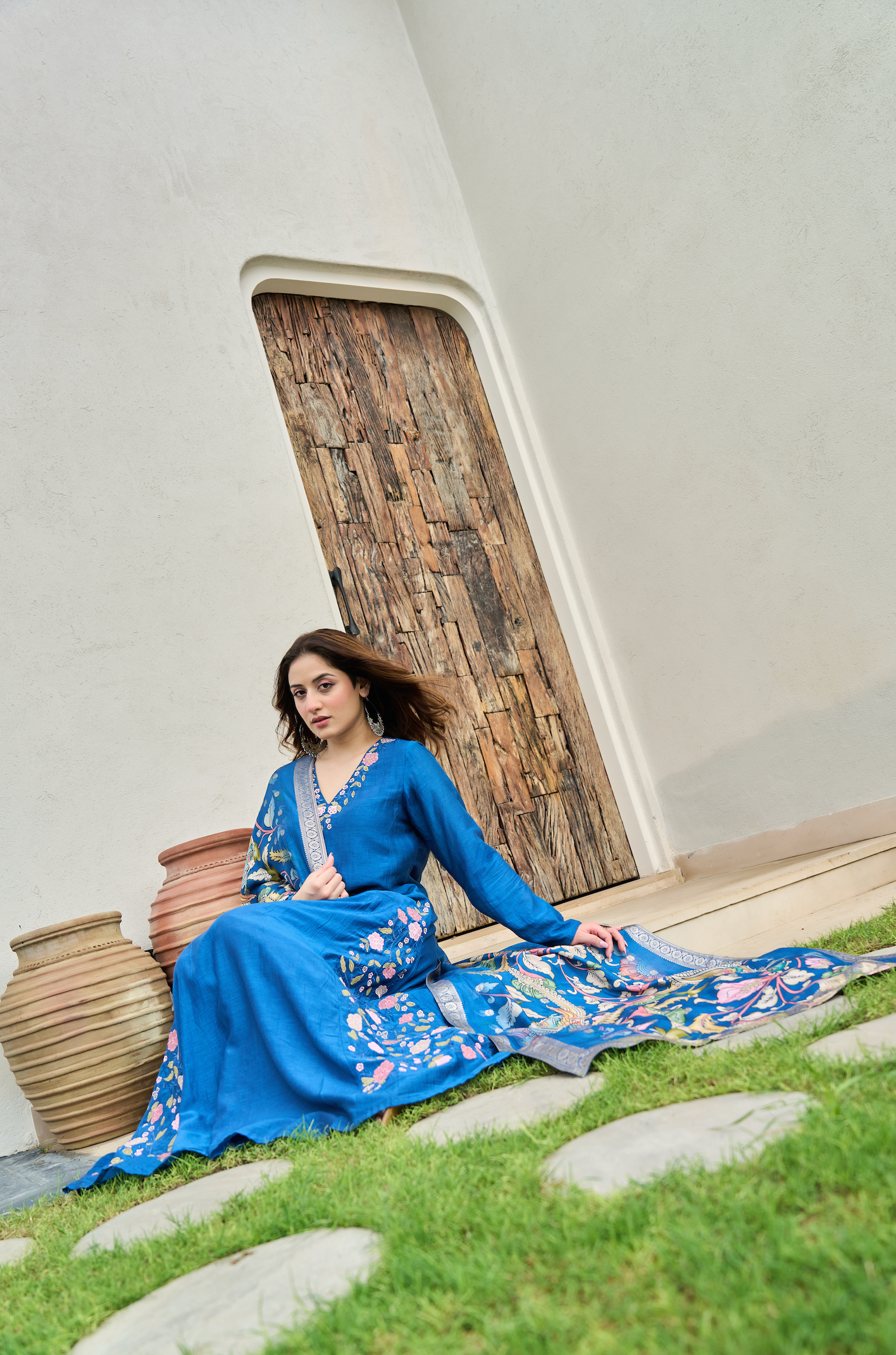 Indigo Blue Mul Chanderi Suit Set