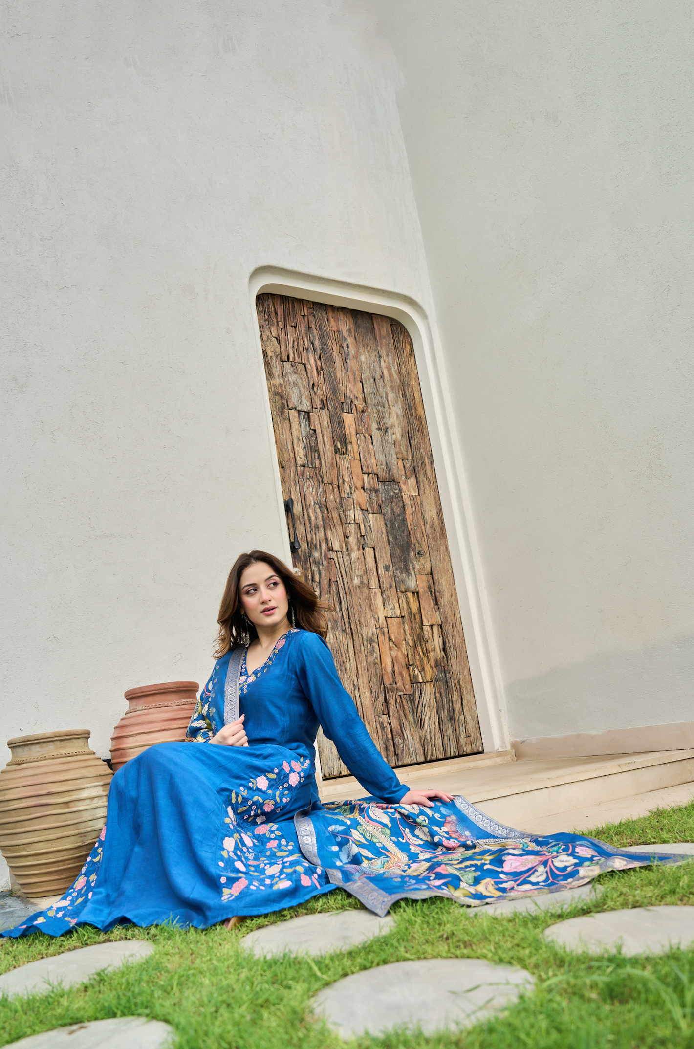 Indigo Blue Mul Chanderi Suit Set