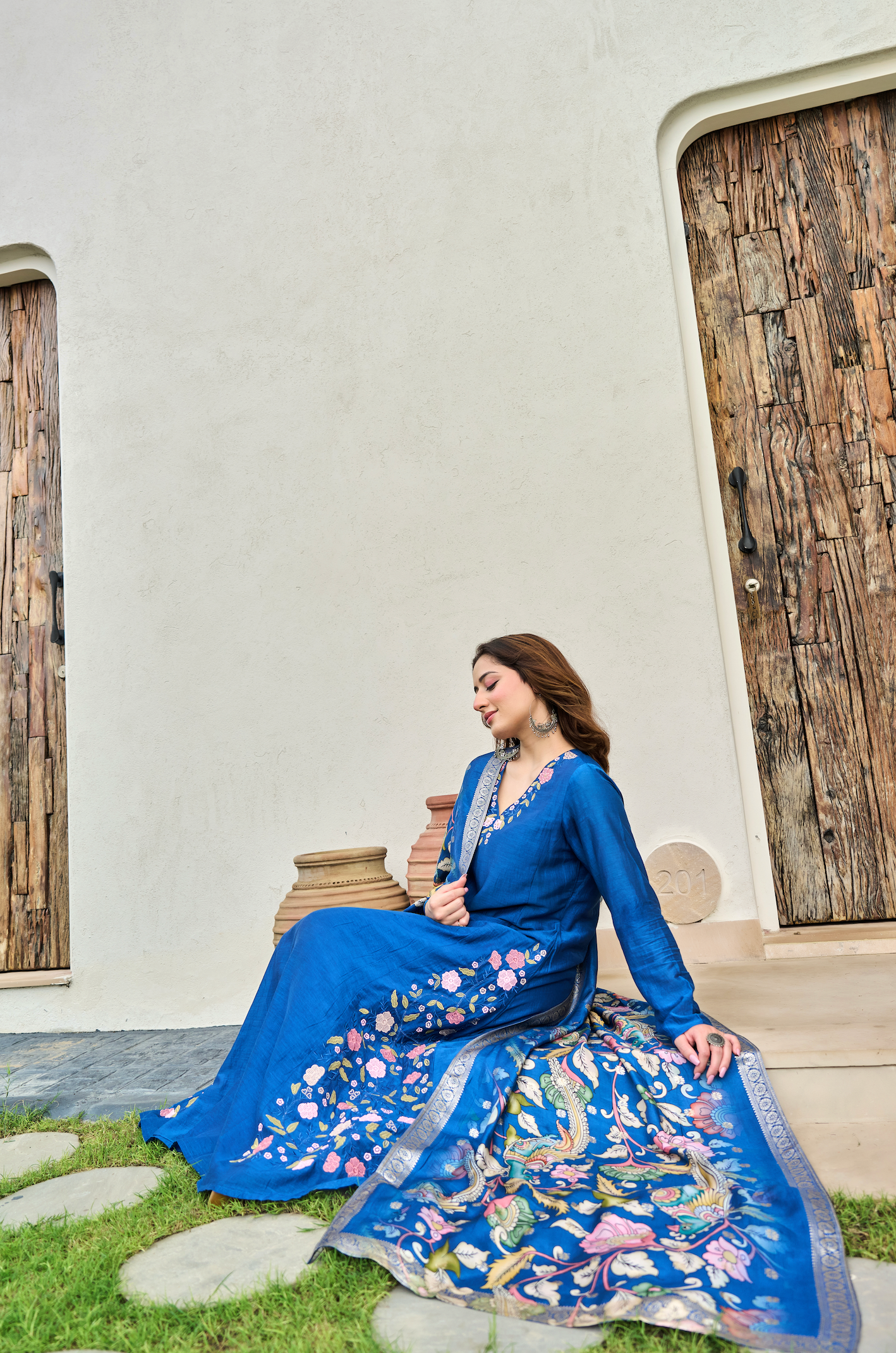 Indigo Blue Mul Chanderi Suit Set