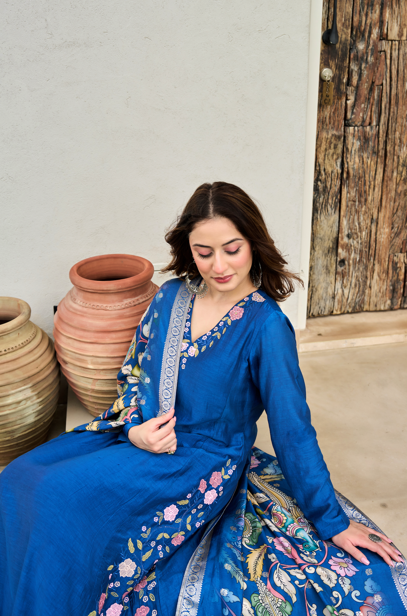 Indigo Blue Mul Chanderi Suit Set