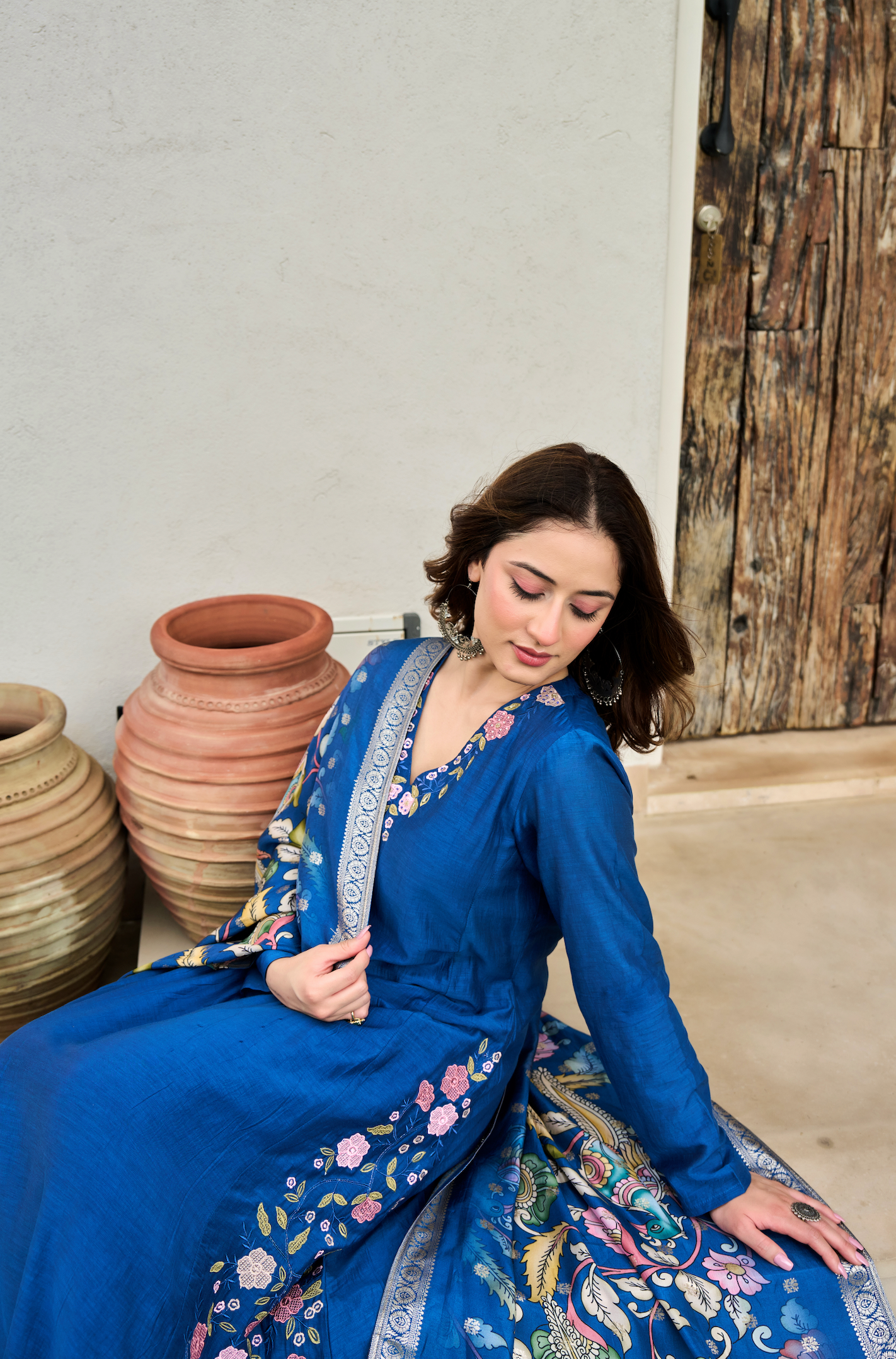 Indigo Blue Mul Chanderi Suit Set