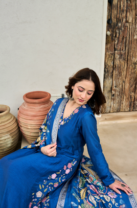 Indigo Blue Mul Chanderi Suit Set