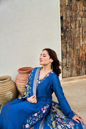 Indigo Blue Mul Chanderi Suit Set