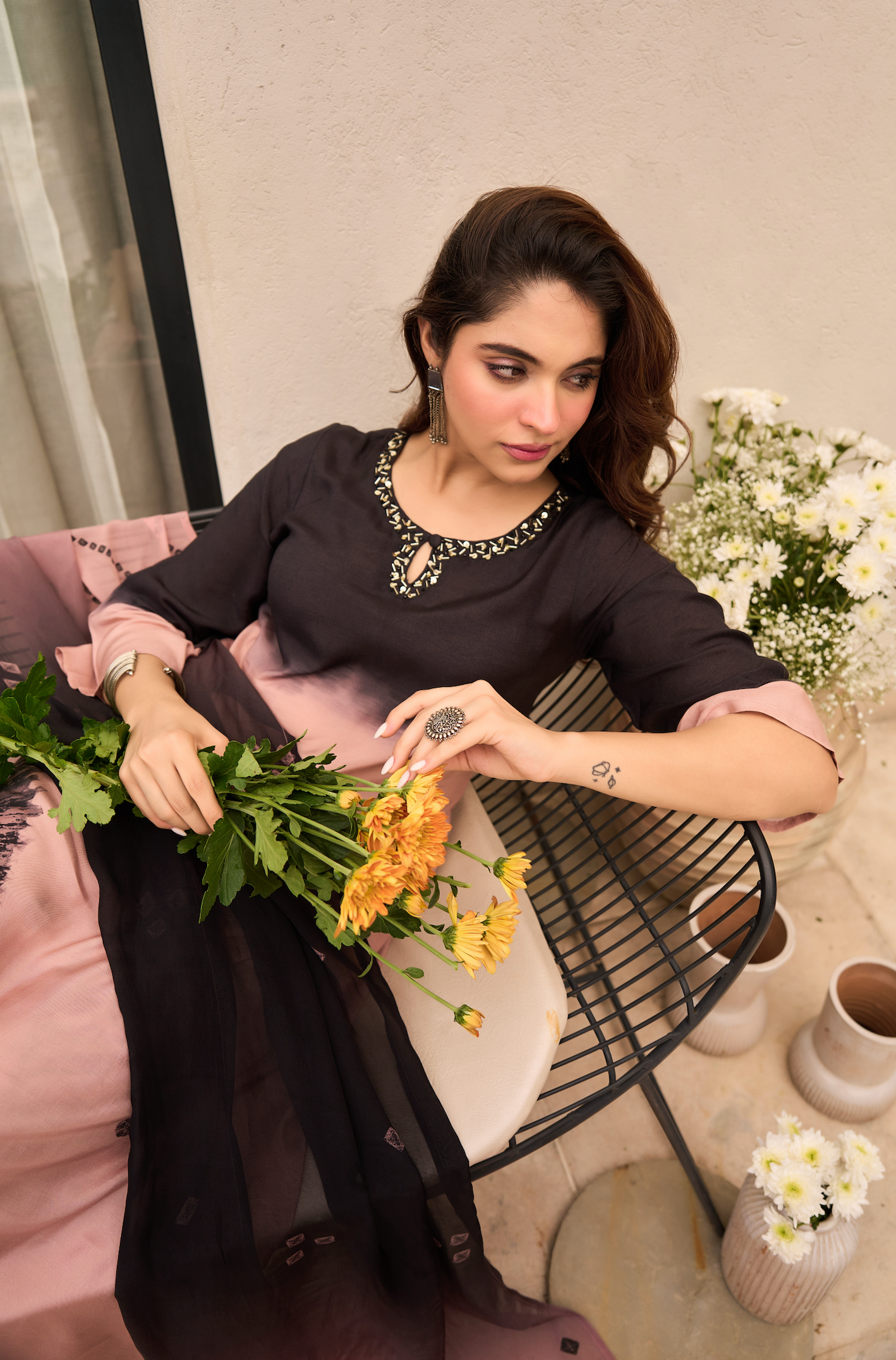 Charcoal Bloom Muslin Suit Set