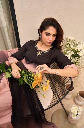 Charcoal Bloom Muslin Suit Set