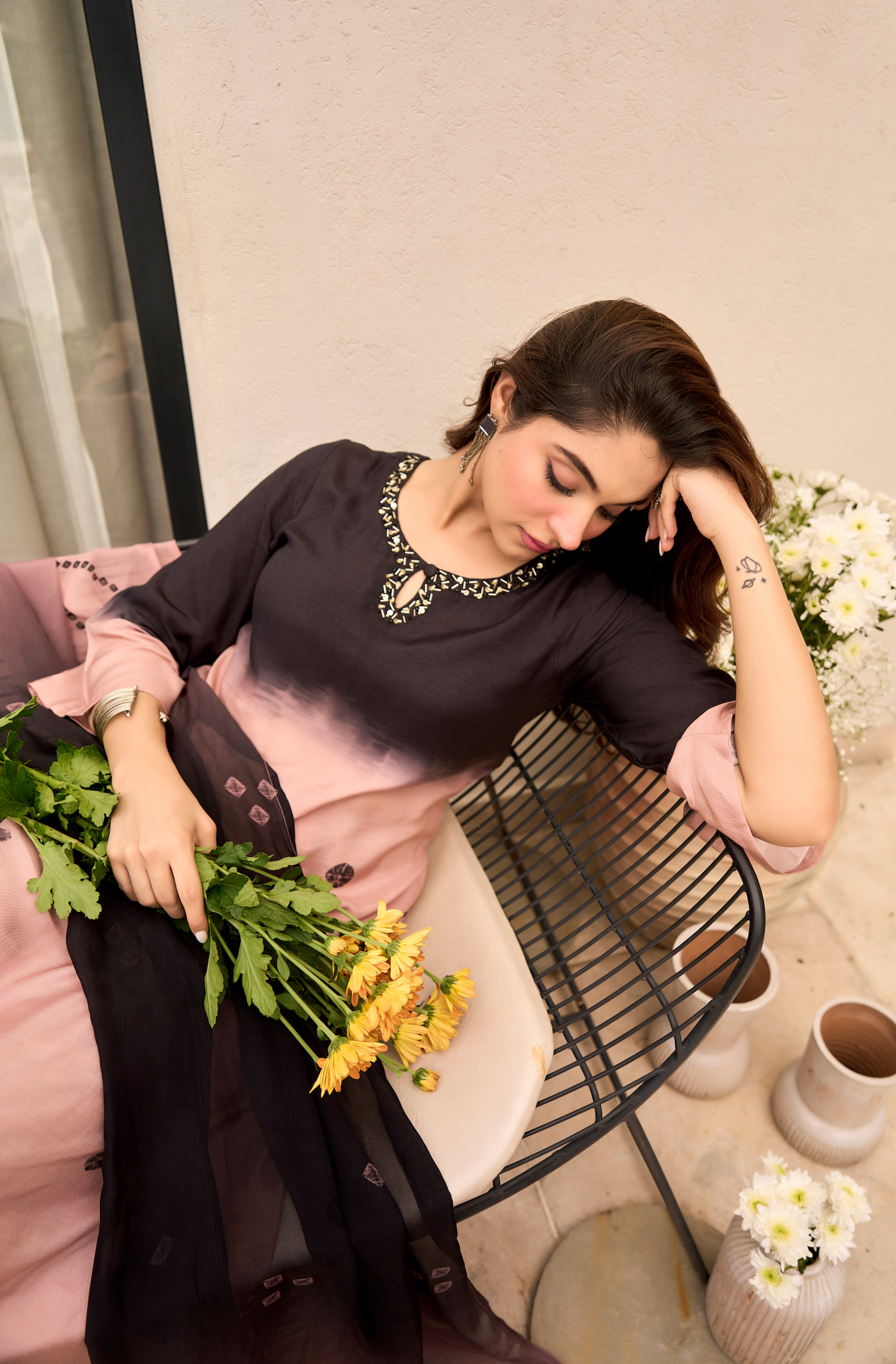 Charcoal Bloom Muslin Suit Set