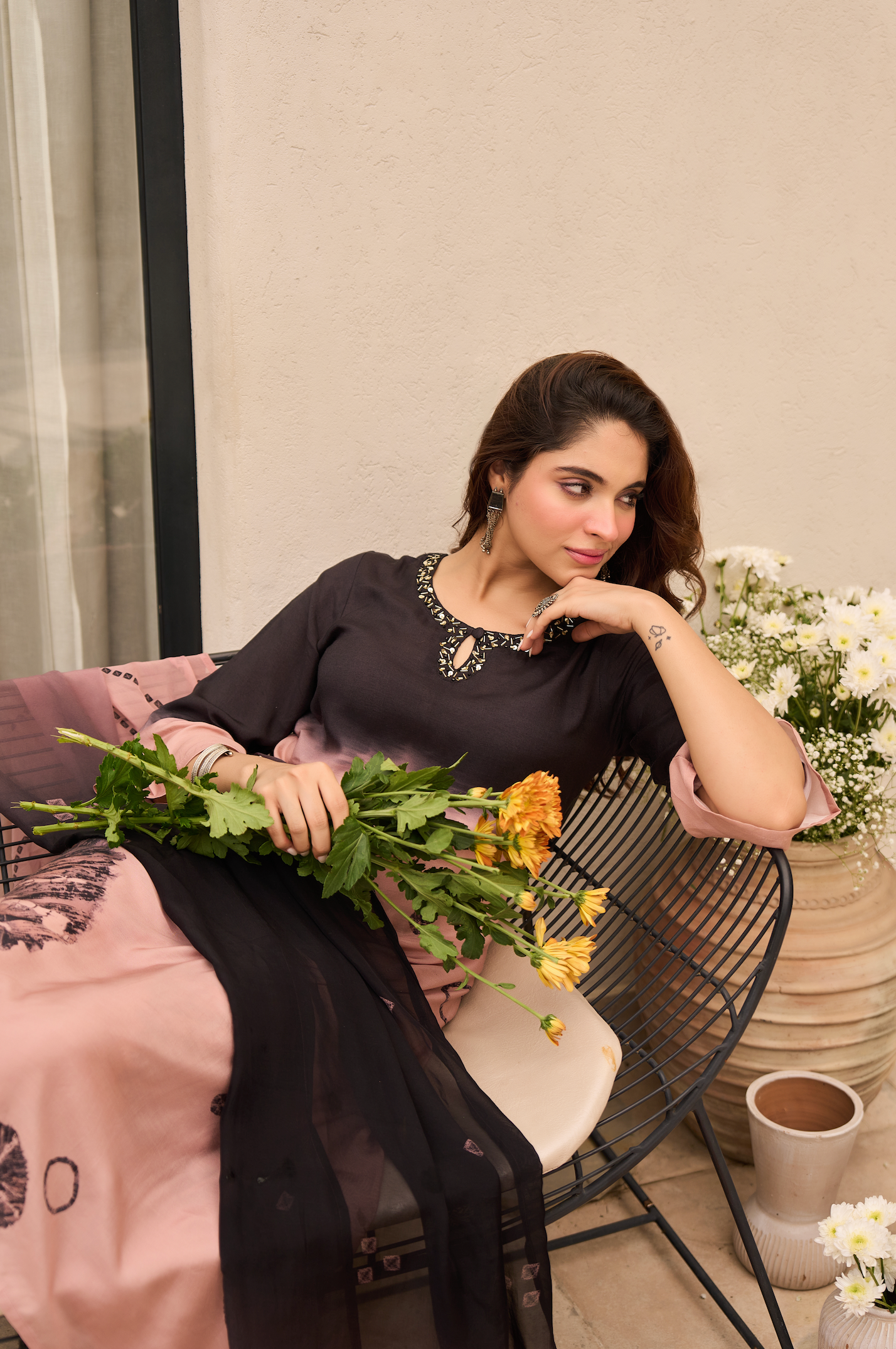 Charcoal Bloom Muslin Suit Set