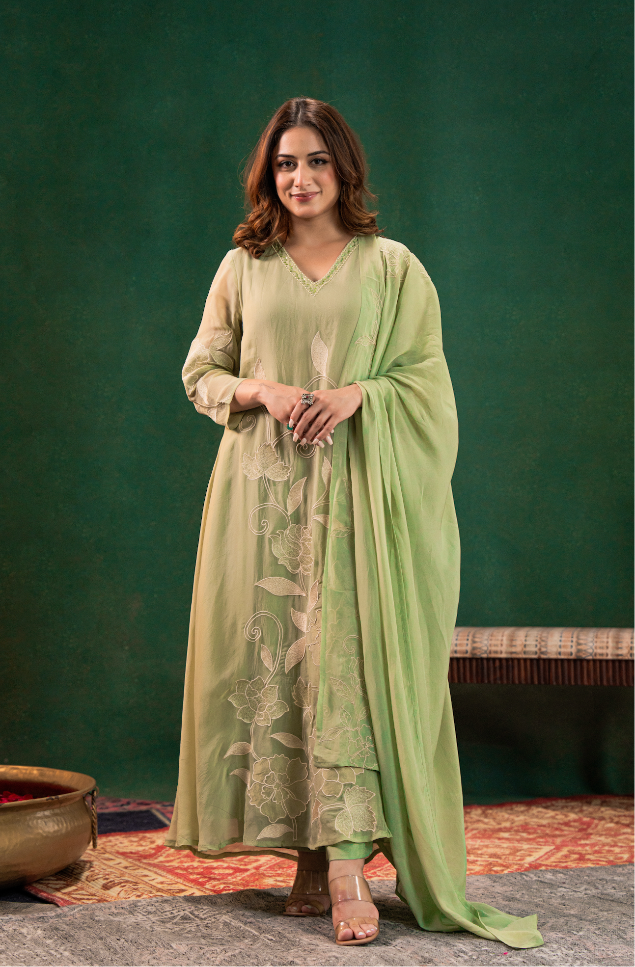 Pistachio Pearl Silk Suit Set