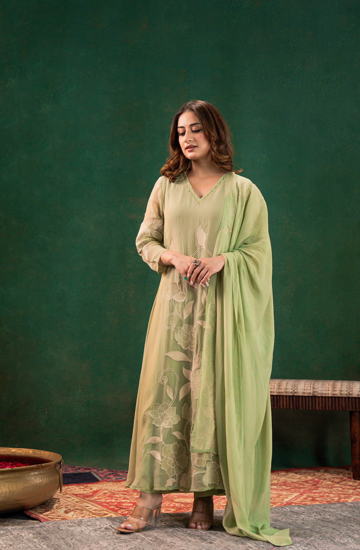Pistachio Pearl Silk Suit Set
