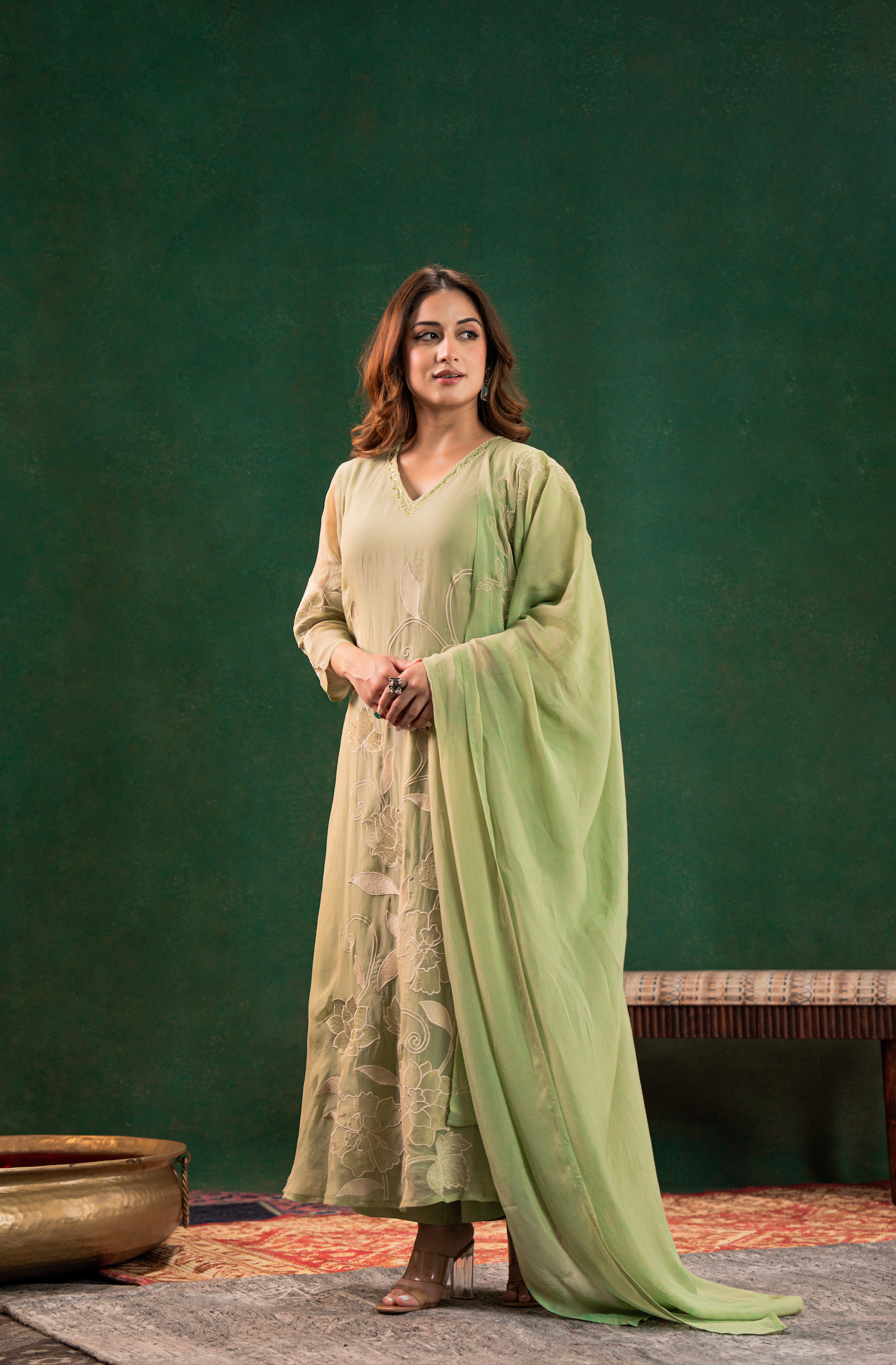 Pistachio Pearl Silk Suit Set