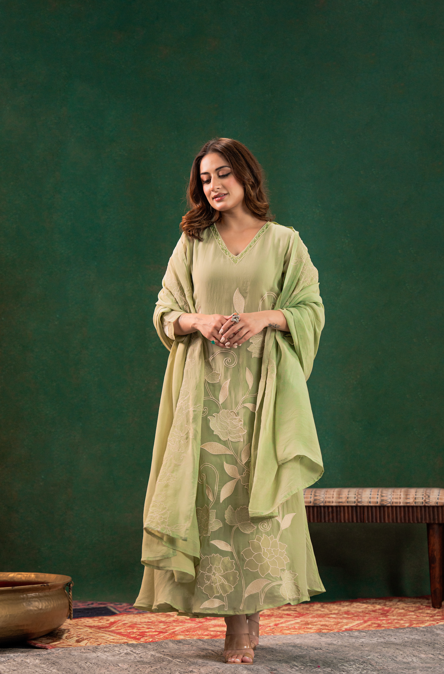 Pistachio Pearl Silk Suit Set