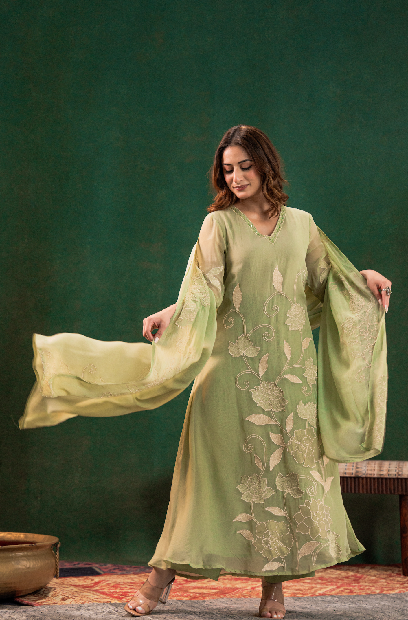 Pistachio Pearl Silk Suit Set