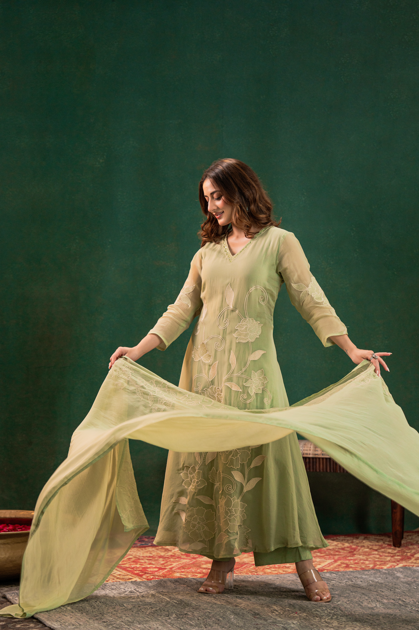 Pistachio Pearl Silk Suit Set